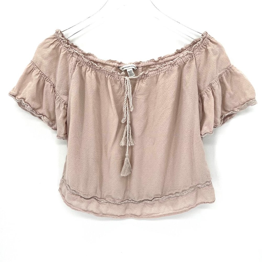American Eagle Blouse Ruffle Sleeves Crop Top Tie Neck Tassels Boho‎ Size XS